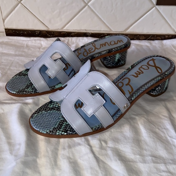 NWOB SAM EDELMAN Womens Light Blue Snake Illie Slip On Leather Heeled Sandal 8m - Picture 1 of 11
